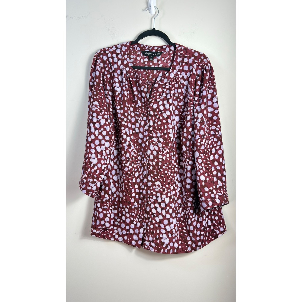 Montgomery Post Blouse Burgundy Abstract Dot Button Down Women 2X